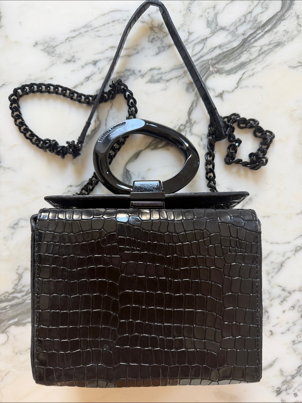 Rebecca Minkoff Black Croc-Embossed Patent Mini Crossbody with Chain